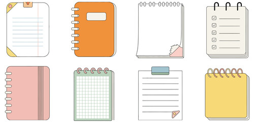 Notepad Sheets Featuring Checklists, Grid Pages, and Lined Paper in Versatile Layouts Presented as Clean Organizational Vector Illustration for Planning and Creative Design Use