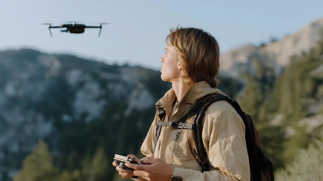 Close-up of ranger marking GPS locations while drone projects real-time animal tracking holograms &mdash; representing smart conservation strategies, fieldwork enhanced by technology, and human-drone