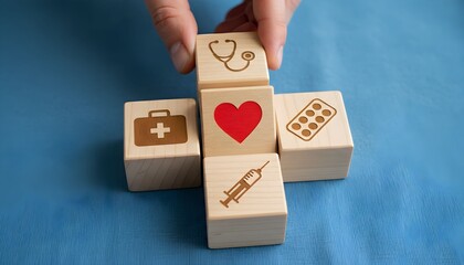 A hand arranges wooden blocks with medical symbols, forming a cross shape on a blue surface.