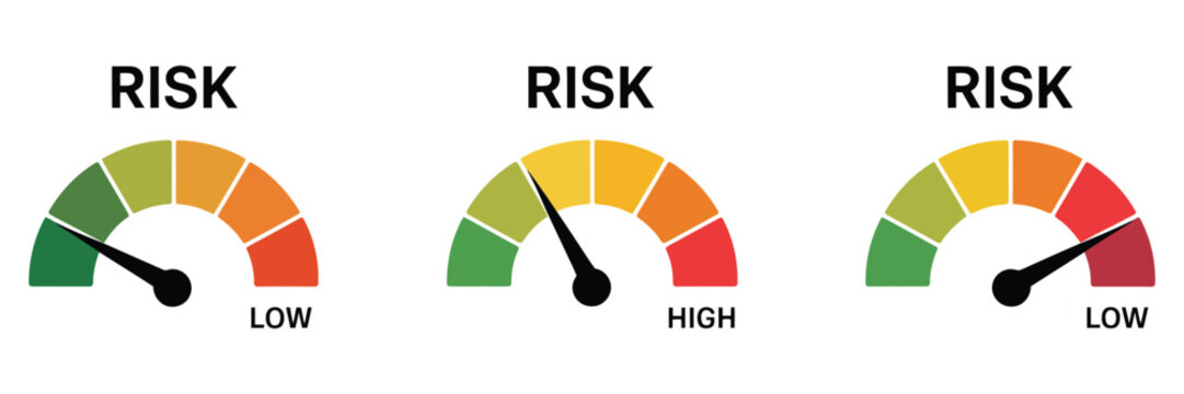 Risk meter icon set, including vector speedometer gauges for low, medium, and high risk, illustrating risk concepts, scale indicators, and measurement from minimum to maximum levels