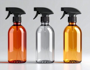 Amber and Clear Plastic Trigger Spray Bottle Mockup Set with Black Nozzle