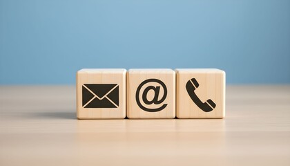 Contact us concept with wooden blocks displaying email and telephone icons on a table.