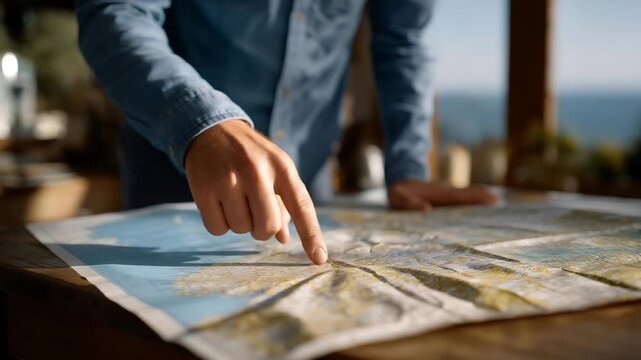 Fingers tracing detailed lines on a paper atlas spread across a wooden table &mdash; concept of wanderlust, travel planning, adventure preparation, and exploration-focused lifestyle photography.