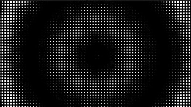 Abstract Black and White Halftone Geometric Background Loop, Optical Illusion of Pulsating Circles Made of Square Dots, Retro Minimalist Technology Motion Graphics for Vj and Overlay