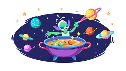 A cartoon alien chef stirring glowing galaxy soup inside a floating pot, stars and planets orbiting around the dish