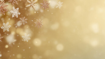 Golden Champagne Christmas Background with Snowflakes and Soft Festive Bokeh Lights