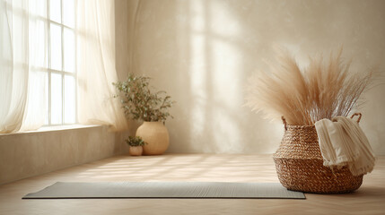 Minimal yoga studio with natural light and calming neutral tones. Minimal studio with yoga mat, woven basket, neutral palette, large window with soft natural light, serene mindful atmosphere.