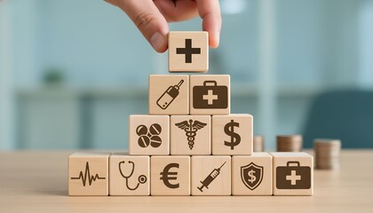 Health and finance concept with wooden blocks stacked in a pyramid shape.