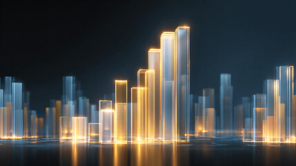 Corporate New Year 2026 theme, glowing financial growth chart rising upward, futuristic transparent graphs, blue-gold corporate lighting, abstract financial data floating in space,