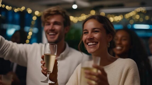 Office Christmas party with colleagues laughing, dancing, and enjoying mocktails under sparkling lights &mdash; a lively atmosphere capturing modern workplace culture, relaxation, and team appreciation