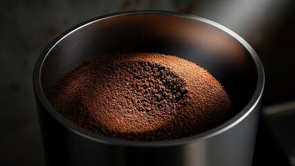 Close up of finely ground coffee in a metal container