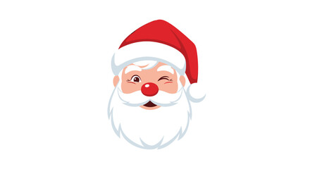 Close up illustration of Santa Claus winking with a red nose and hat.