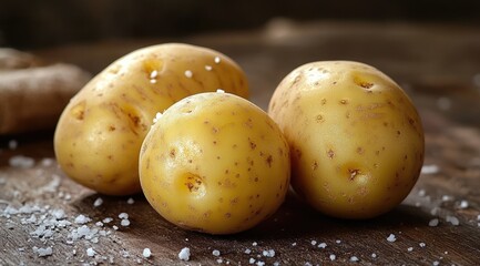 Three yellow potatoes on a rustic wooden surface