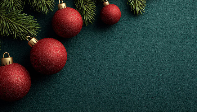 Red Christmas Baubles with Fir Branches on Dark Green Background Creating Classic Holiday Border
