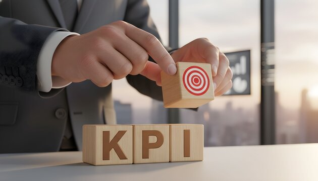 A person placing a wooden block with a target on top of KPI blocks, symbolizing goals.
