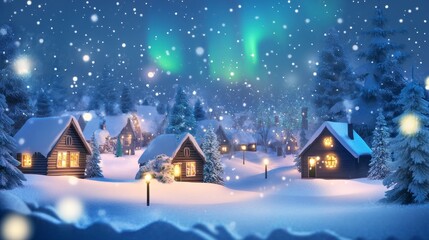 Fototapeta premium Snowy Christmas village at night with glowing windows and northern lights, magical winter scene