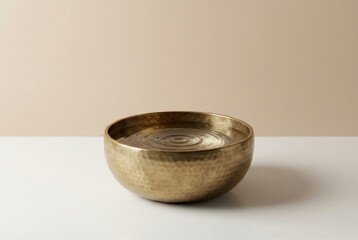 Bronze singing bowl filled with water and ripples on table