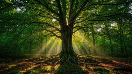 Fototapeta premium Majestic tree with sprawling roots and sunlight filtering through the forest canopy.