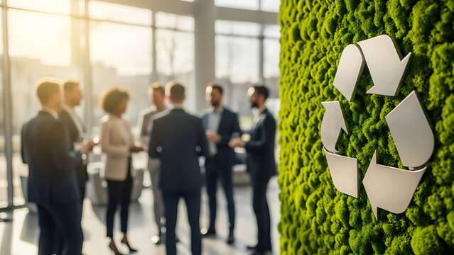 Business professionals discuss environmental sustainability with a recycling symbol as a symbol of eco-friendly efforts - Powered by Adobe