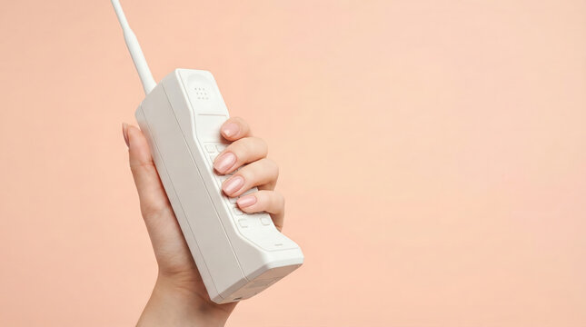 Woman holding large vintage white brick mobile phone against peach background