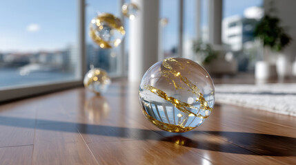 A glass sphere capturing and reflecting light patterns within a bright interior setting, symbolizing clarity, elegance, and the beauty of design in contemporary aesthetics.