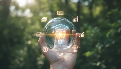 Hand holding a glowing sphere with education and business icons in a natural setting, symbolizing sustainable knowledge and growth.