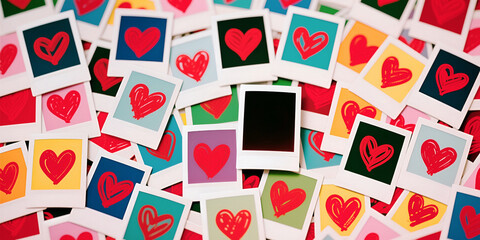 Sfondo con istantanee raffiguranti cuori rossi disegnati grossolanamente e spazio vuoto