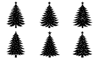 Obraz premium Six christmas trees in black silhouette with star toppers and decorative lights on a white background scene