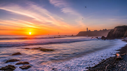 Beautiful summer sunset over the vast ocean water, casting brilliant twilight clouds and waves upon the sandy beach shore and scenic landscape