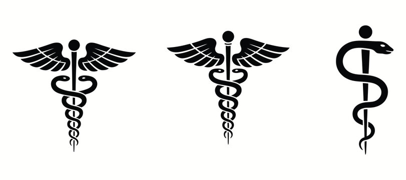Healthcare and pharmacy icon set, vector symbols including medical cross, caduceus, Rod of Asclepius, Star of Life, Bowl of snake and rod for medical design projects
