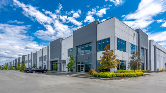 Modern industrial building in a business park on a clear day with blue sky Generative AI