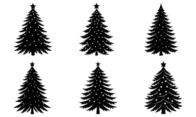 Obraz premium Six silhouette christmas trees with star toppers and decorative lights in a black and white vector image