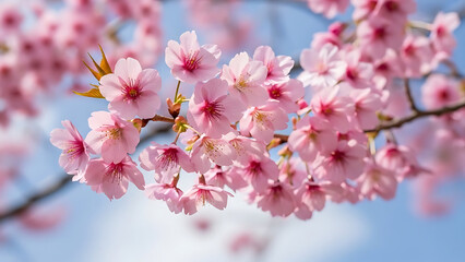 Obraz premium Beautiful pink cherry blossom tree flowers blooming on a branch in spring nature