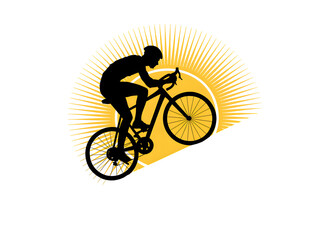 Obraz premium Silhouette of a cyclist riding a road bike with a stylized yellow sunburst in the background.