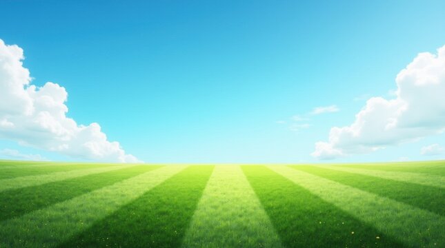 A football field with a blue sky and white clouds 
