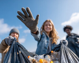 Community members clean beach and collect plastic waste during group activity Generative AI