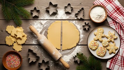 Christmas Cookie Baking Scene with Dough Rolling Pin and Gingerbread Cookies on Wooden Table