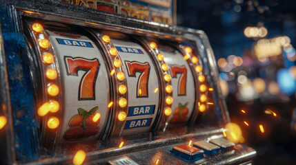 Slot machine spins with bright lights and numbers in a busy casino during night Generative AI