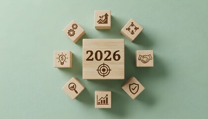 A central wooden block displays the year 2026 with a target icon, surrounded by eight smaller blocks featuring business-related icons, arranged in a circular pattern on a light green background.