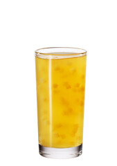 A close-up of a drink with fruit additives and fruit cubes floating in a slightly cloudy clear liquid.