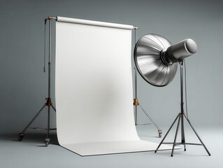 Studio setup with a white backdrop and a large softbox ready for a photo session in a controlled indoor space Generative AI