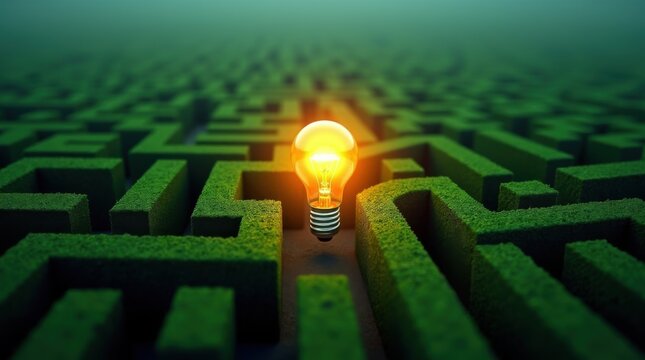 A glowing lightbulb sits at the center of a sprawling, green maze, symbolizing an idea or solution within a complex problem 

