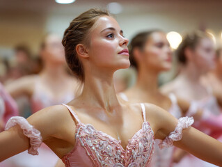 Ballet dancers practice in a dance studio during a warm-up session in the evening with a focus on form and posture Generative AI