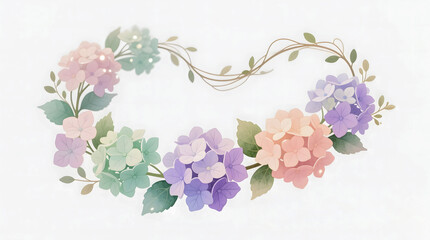 A delicate watercolor Hydrangea pastel garland, forming a romantic heart shape perfect for love-themed designs.