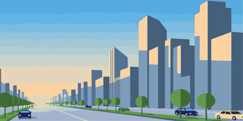 City skyline vector illustration of urban architecture and business buildings at morning landscape