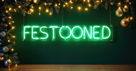 Festive scene features bright neon sign spelling FESTOONED. Garland, lights, ornaments decorate dark background. Warm holiday ambiance.