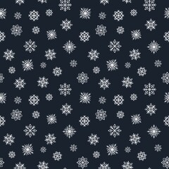 Blue snowflakes seamless winter pattern, dark blue background