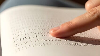 Close-up finger reading braille text on tactile page for visual accessibility