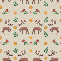Seamless winter pattern with deer, robins, leaves, berries, and stars on a light background