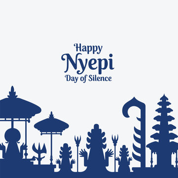 Happy Nyepi Day of Silence Greeting Card Template with Bali Silhouette